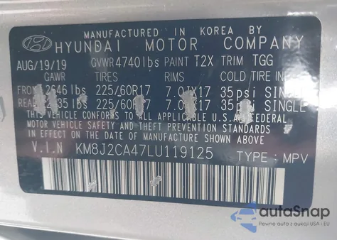 2020 Hyundai Tucson Se из США, поврежденный, VIN KM8J2CA47LU119125